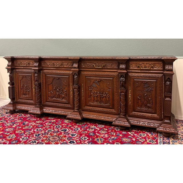 Antique French Breton Large Carved Sideboard Server Entry Buffet Oak c.1900-20s For Sale In Dallas - Image 6 of 18