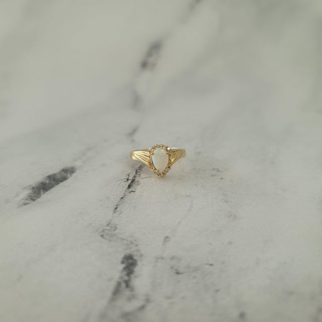 Pear Shaped Opal with Diamond Accents 14k Yellow Gold, Size 8 For Sale - Image 4 of 5
