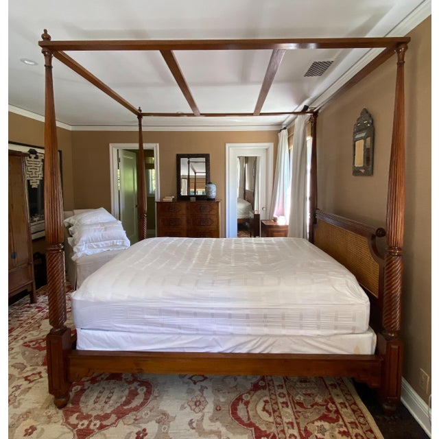 Vintage British Khaki "Lord Mountbatten" Four Poster Anglo-Indian Style Canopy Queen Bed For Sale - Image 4 of 18