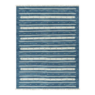 Rug & Kilim's Contemporary Dhurrie Rug in Blue with White Stripes - 5x8 For Sale