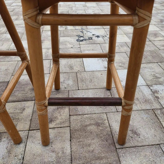 Wood McGuire Bamboo Bar Stools With Leather Seats, 1970s Bohemian Style For Sale - Image 7 of 12
