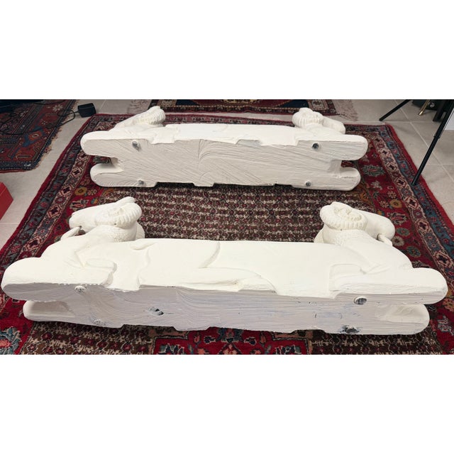 Mid 20th Century Egyptian Revival Two Headed Ram Carved Wood Sculptures Covered in White Plaster - A Pair For Sale - Image 5 of 5