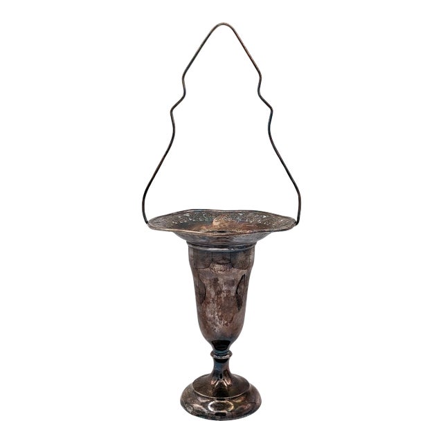 Antique Silver Plated Reticulated Stem Vase Flower Basket With Lead Weighted Flower Frog and Handle, Made in Canada For Sale