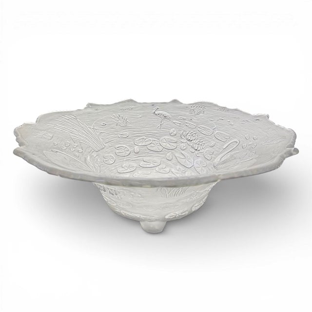 A surprisingly beautiful frosted glass console bowl by Cambridge Glass Company, circa 1940, having coastal scenes in fine...