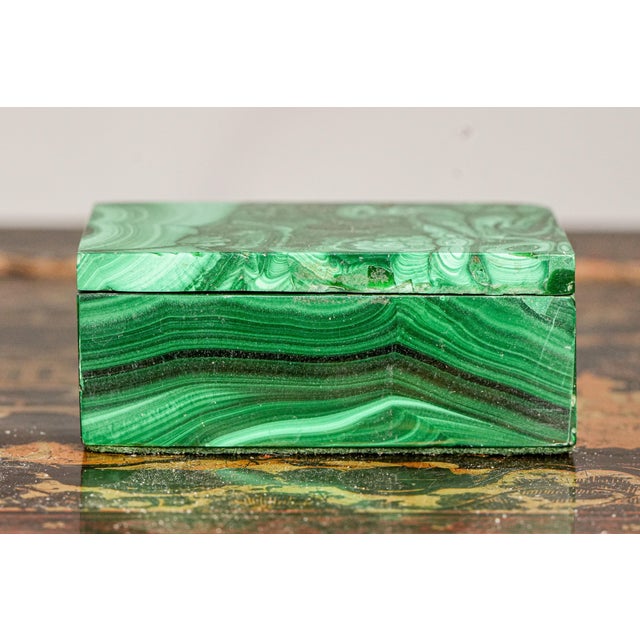 Striking Pattern Hand Polished Antique Malachite Stone Jewelry Trinket Box For Sale - Image 11 of 12