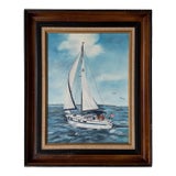 1970s Vintage R. Fisher Sailboat Oil on Canvas Painting – Framed For Sale