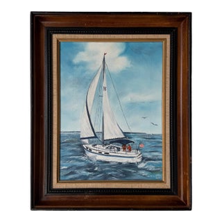 1970s Vintage R. Fisher Sailboat Oil on Canvas Painting – Framed For Sale