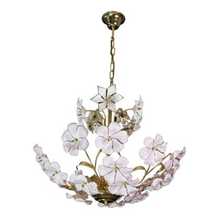 Charming Murano Vintage Chandelier White and Pink Flowers For Sale