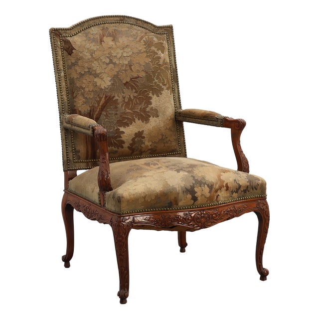 Carved Walnut Armchair with Cabriole Legs and Tapestry Upholstery, France, 1880 For Sale
