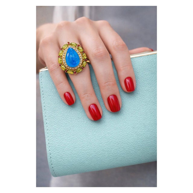Baroque Bochic “Capri” Vintage Blue Opal, Peridot & White Topaz Ring - 18K Gold & Silver For Sale - Image 3 of 8