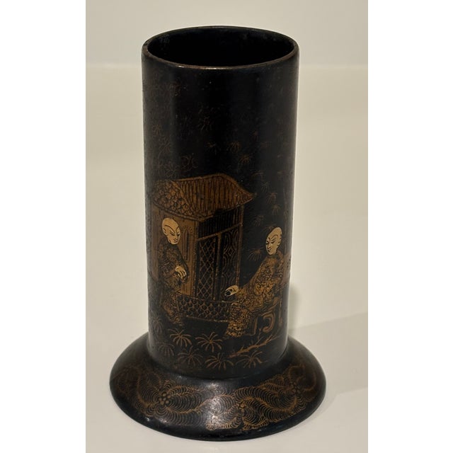 Antique English Papier-Maché Chinoiserie Spill Vase / Brush Holder in Black and Gold For Sale - Image 11 of 18