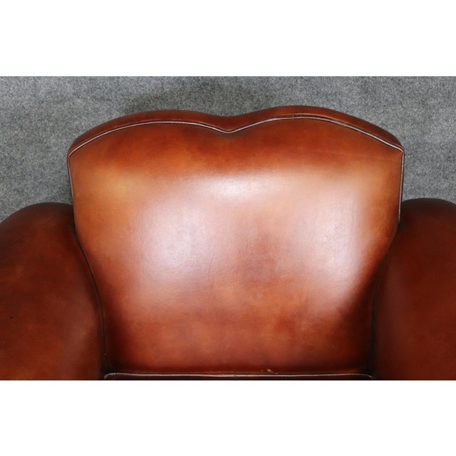 Pair Cognac Hued French Art Deco Style Leather Moustache Club Chairs For Sale - Image 4 of 7