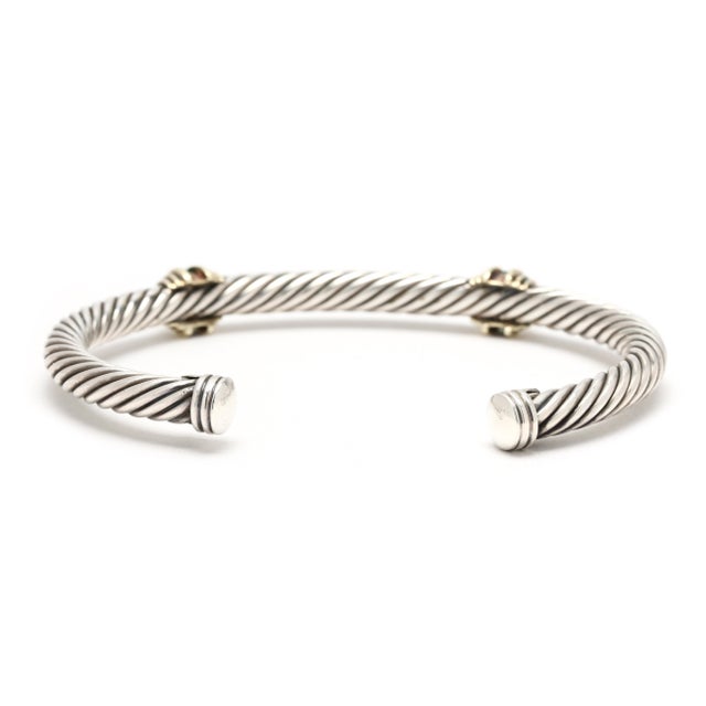 David Yurman Emerald Cable Cuff Bracelet, Sterling Silver & 14k Yellow Gold, 6.5 For Sale - Image 4 of 6