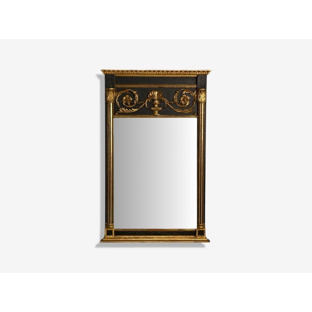 Neoclassical Style, Trumeau Mirror, Black Painted Wood, Giltwood, Italy, 20th C. An Italian Neoclassical-style trumeau...