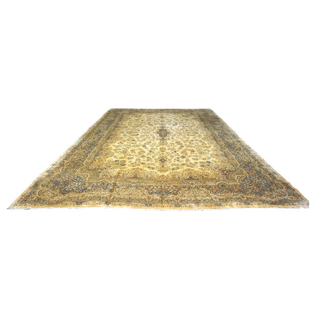 Antique Persian Kerman Wool 12x18 Tan, Ivory & Blue Handmand Area Rug #9902741 For Sale - Image 4 of 6