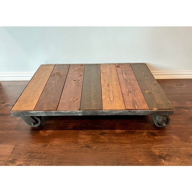 Wood VTG Industrial Factory Cart Coffee Table, Wood Top and Metal Casters For Sale - Image 7 of 10