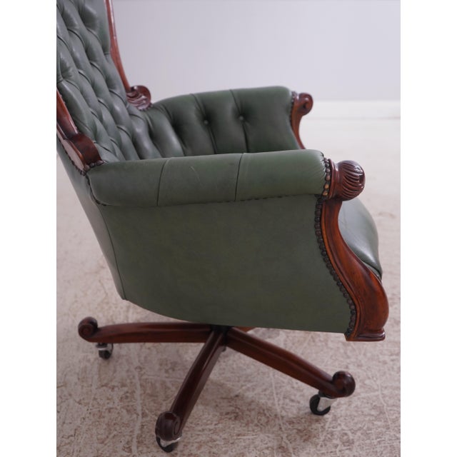 Green Carved Mahogany Frame Green Leather Office Desk Chair For Sale - Image 8 of 18