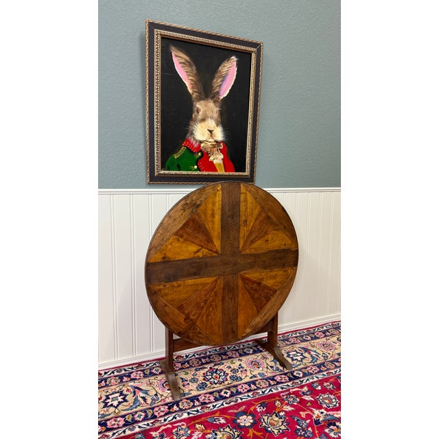 Antique French Vendage Round Flip Top Gateleg Wine Table Oak Trestle Feet c.19th For Sale - Image 4 of 18