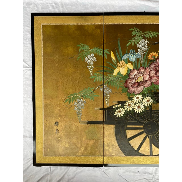 "Flower Cart" Post-1940s Japanese Byobu Painted 4-Panel Folding Screen For Sale - Image 4 of 12
