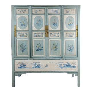 Large Chinese 20th-Century Cabinet With Blue and White Hand-Painted Flowers and Landscape Panels For Sale