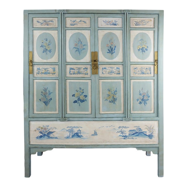 Large Chinese 20th-Century Cabinet With Blue and White Hand-Painted Flowers and Landscape Panels For Sale