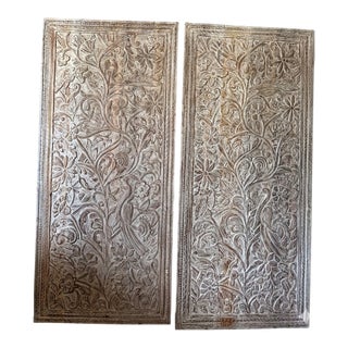 Hand-Carved Tree of Life Wood Door Panel | Vintage Whitewashed Wooden Wall Art 80x36 For Sale