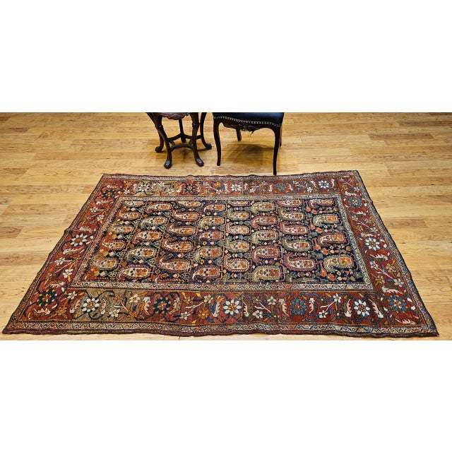 19th Century Antique Persian Kurdish Rug, Hand-Knotted Wool, All-Over Paisley Pattern, Navy & Brick-Red, 4x7 For Sale - Image 5 of 14