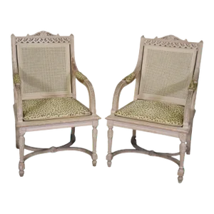 Cane Back Antique White Paint Decorated Louis XVI Style Armchairs Dining - A Pair