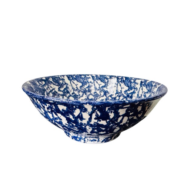 Late 20th Century Vintage Italian Stoviglierie Hand-Painted Blue & White Spongeware Ceramic Serving Bowl For Sale - Image 5 of 9