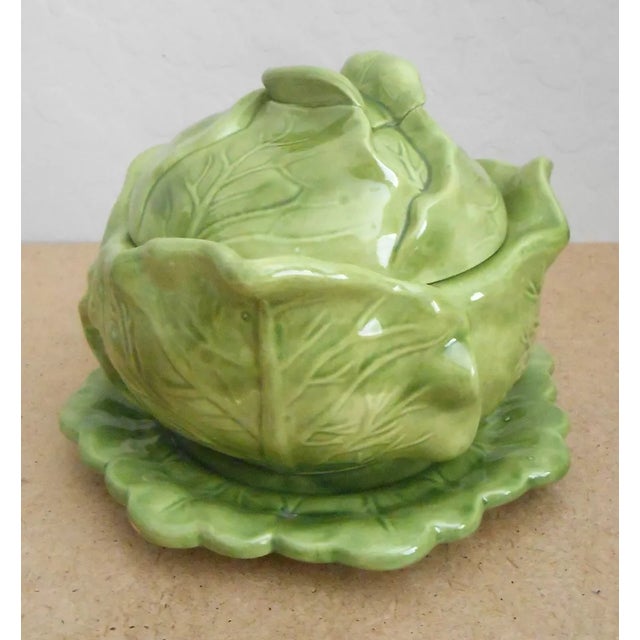 1970s Vintage Majolica Cabbage Tureen Soup Bowl With Lid & Plate For Sale - Image 5 of 7