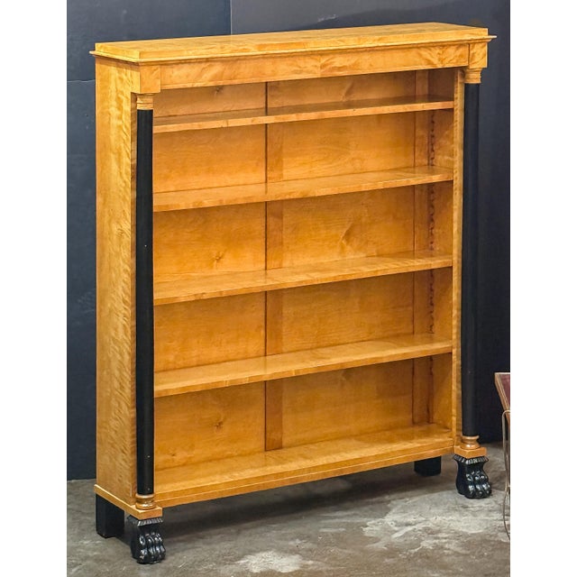 Saffron Biedermeier Open Bookcases of Curly Maple With Ebonized Columns - Two Available For Sale - Image 8 of 16