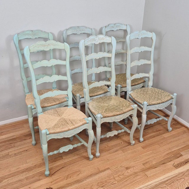 Late 20th Century Habersham Plantation French Country Painted Ladder Back Rush Seat Dining Side Chairs, Assembled Set of 6 For Sale - Image 18 of 18