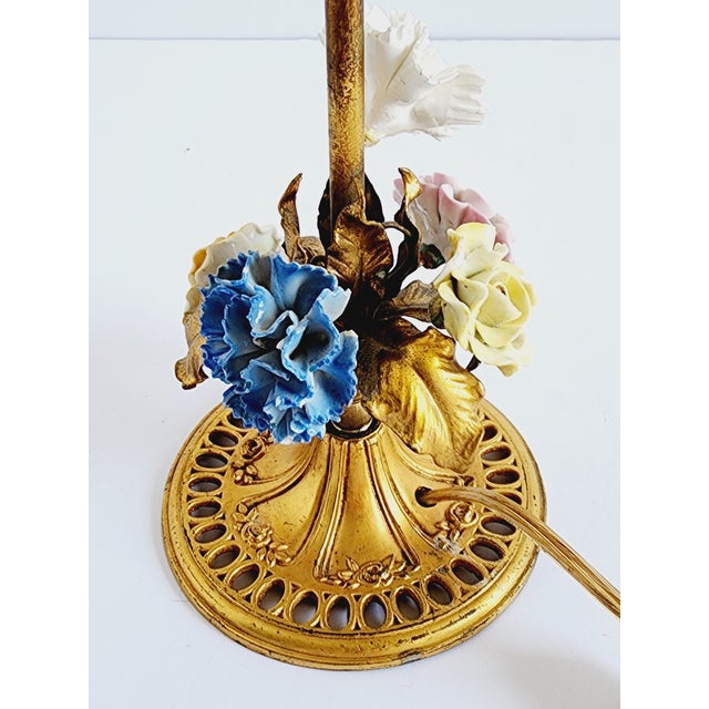 Gold Antique French Gilt Metal Dresser Lamp With Porcelain Flowers. For Sale - Image 8 of 10