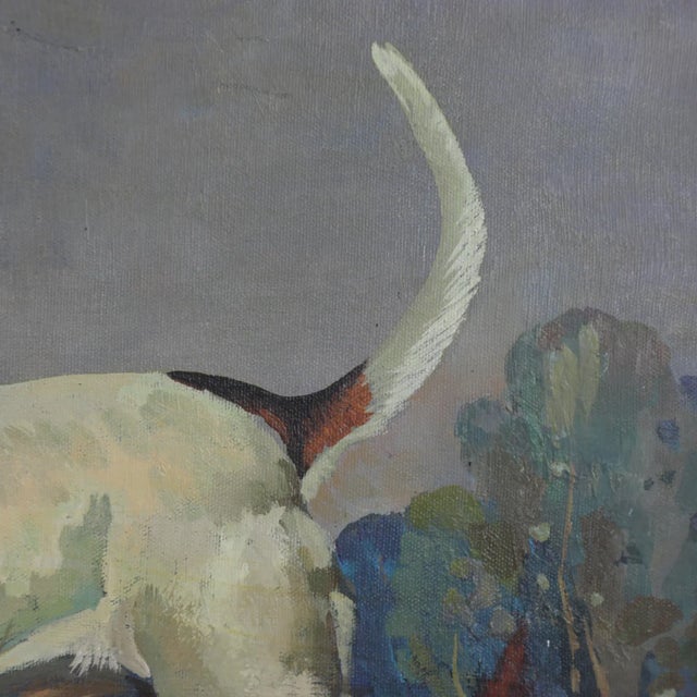 Vintage Oil Painting of a Hunting Hound Dog in Landscape Scene - Framed Art For Sale - Image 4 of 11