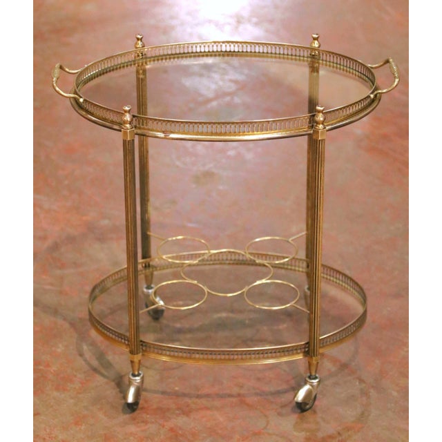 French Mid-Century French Brass Oval Bar Cart With Bottle Holder and Glass Shelf For Sale - Image 3 of 9