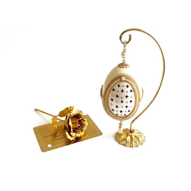 Minimalism Pierre Lorren Natural Egg Hand Carved Faberge Egg Style Austrian Crystal Pure Gold Deco Handmade 1997 Vintage Egg For Sale - Image 3 of 16