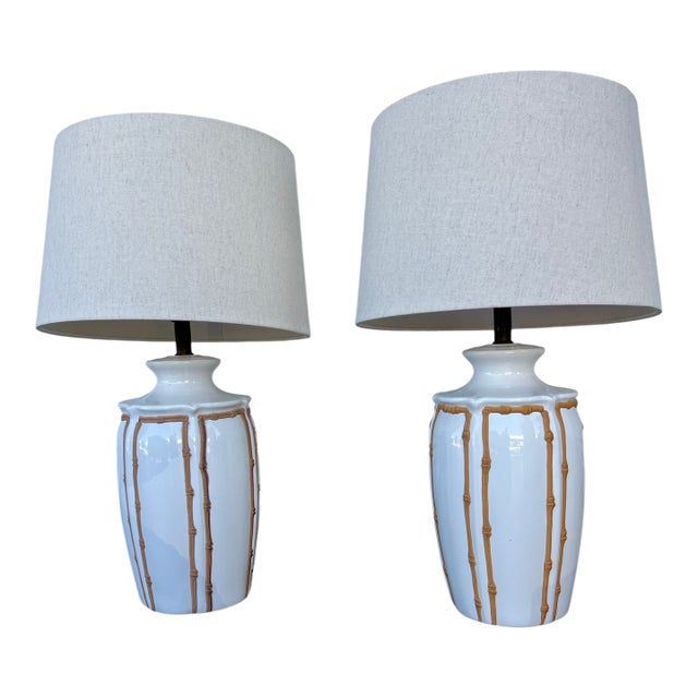 Mid 20th Century Mid-Century Modern Faux Bamboo Ceramic Table Lamps - a Pair For Sale