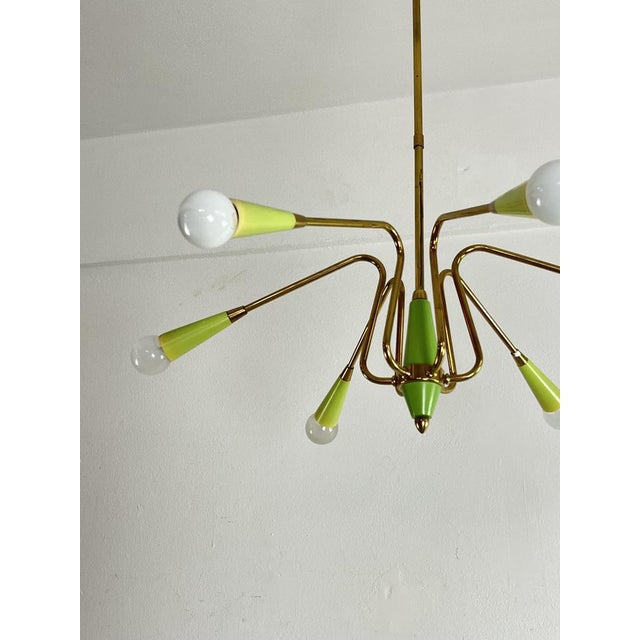 Metal Mid-Century 6-Light Brass Chandelier in the style of Oscar Torlasco, 1950s For Sale - Image 7 of 9