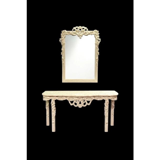 Alabaster Hollywood Regency Style Italian Carved Ribbon Mirror & Stone Console Table For Sale - Image 8 of 10