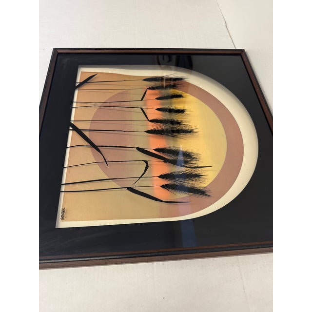 1970s Vintage Mid Century Modern Framed Print, Sunset Gradient With Textured Wheat Silhouettes, Signed Art by Thrasher For Sale - Image 5 of 12