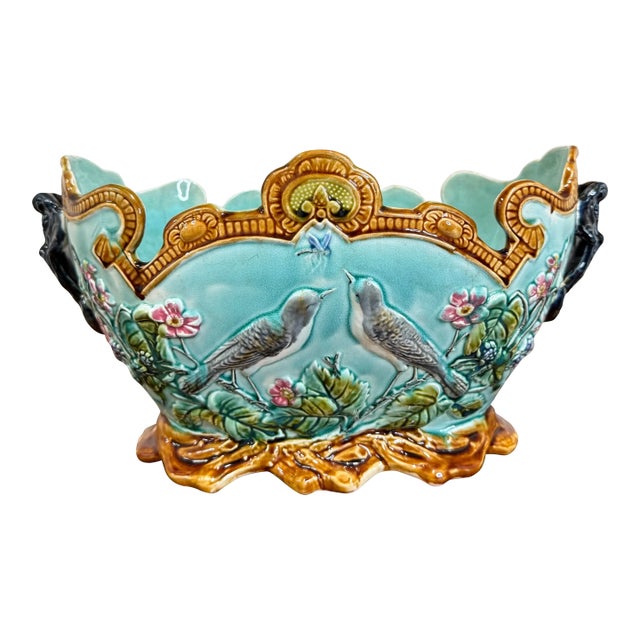 Antique French Onnaing Majolica Cache Pot Planter Bowl Jardiniere Love Birds For Sale