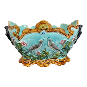 Antique French Onnaing Majolica Cache Pot Planter Bowl Jardiniere Love Birds