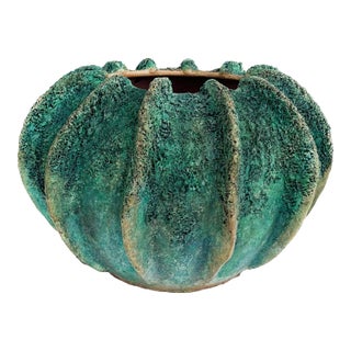 Large Balinese Teal Fluted Terracotta Planter For Sale