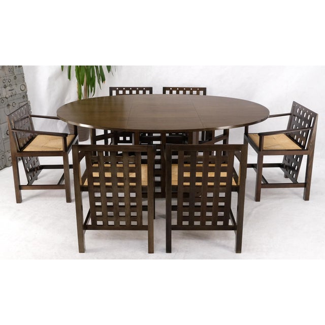 Late 20th Century Brown Oak Cassina Macintosh Drop Leaf Dining Table 6 Rush Seat Chairs Set Mint For Sale - Image 13 of 18