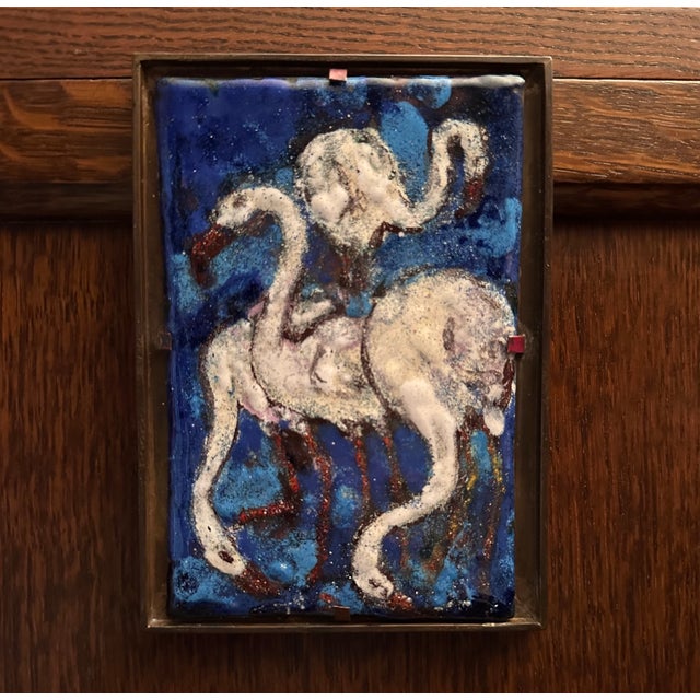 Metal Small Enamel Art Painting with Flamingos in Brass Picture Frame, Italy, 1940s For Sale - Image 7 of 13