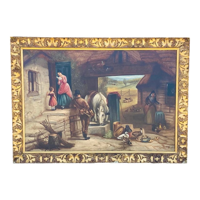Signed and Dated 1866 Antique Equestrian Farm Painting by Clive Harding For Sale