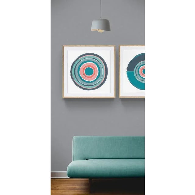 Mid-Century Modern "Circles in Coral and Teal" Contemporary Fine Art Print by Melinda Cox 24" X 24" For Sale - Image 3 of 5