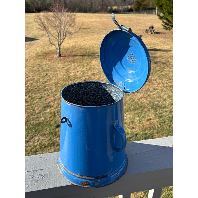 Bright, Beautiful, Blue! European Late 19th / Early 20th C. Enamelware Cooking Pot with double handles and hinged lid with...