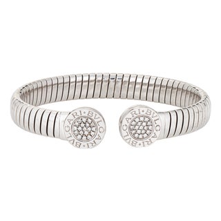 Mid 20th Century Bulgari Tubogas Bracelet Double Diamond Stainless Steel Bangle Estate Jewelry For Sale