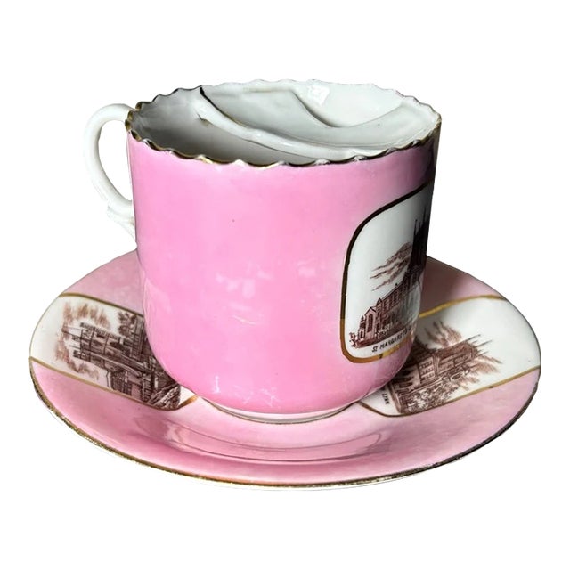Late 19th Century German Victorian Schlesische Porzellanfabrik Louis Lövinsohn and P. Donath Gilded Pink Porcelain Mustache Cup and Saucer Set For Sale